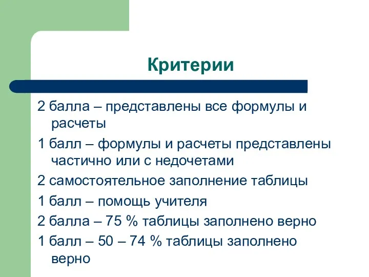 Критерии 2 балла – представлены все формулы и расчеты 1