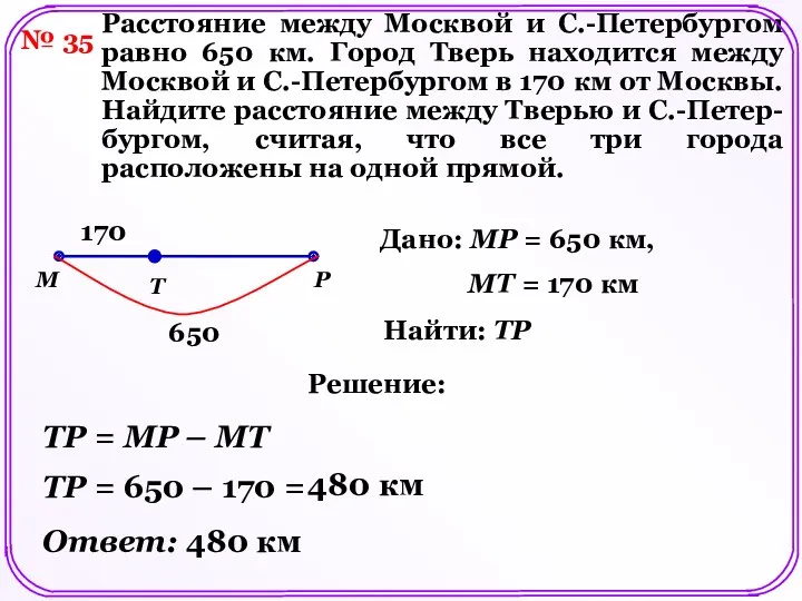 № 35 Расстояние между Москвой и С.-Петербургом равно 650 км.