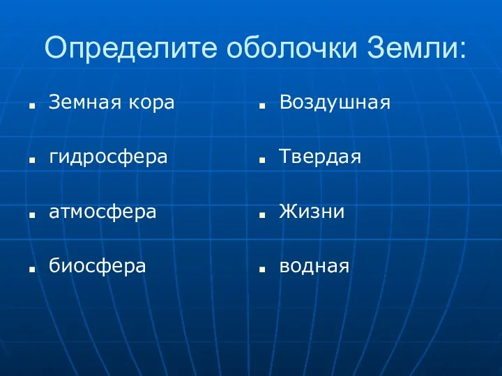 Определите оболочки Земли: Земная кора гидросфера атмосфера биосфера Воздушная Твердая Жизни водная