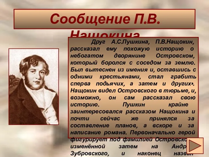 Сообщение П.В. Нащокина Друг А.С.Пушкина, П.В.Нащокин, рассказал ему похожую историю