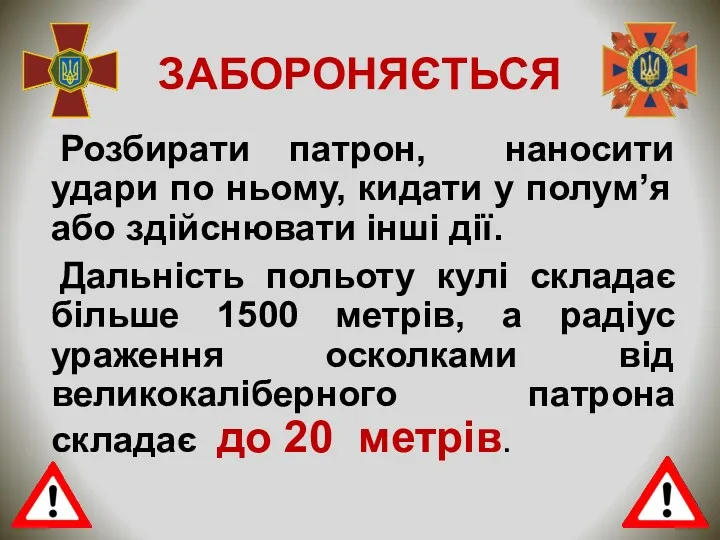 ЗАБОРОНЯЄТЬСЯ Розбирати патрон, наносити удари по ньому, кидати у полум’я