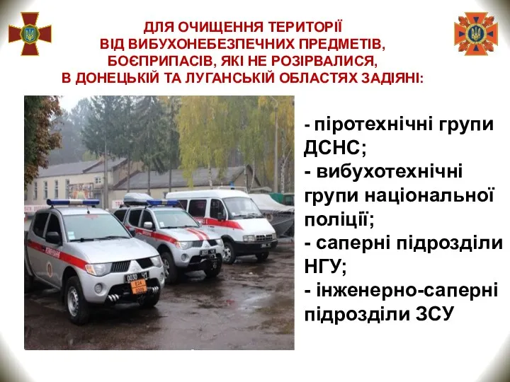 - піротехнічні групи ДСНС; - вибухотехнічні групи національної поліції; -