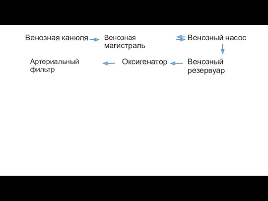 Венозная канюля Венозная магистраль Венозный насос Венозный резервуар Оксигенатор Артериальный фильтр