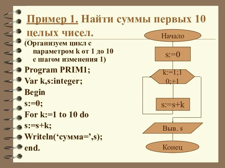 Пример 1. Найти суммы первых 10 целых чисел. (Организуем цикл