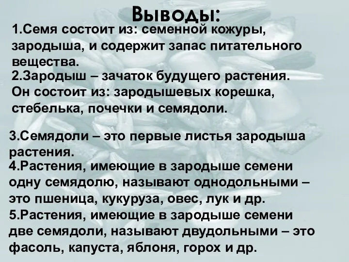 Выводы: 1.Семя состоит из: семенной кожуры, зародыша, и содержит запас