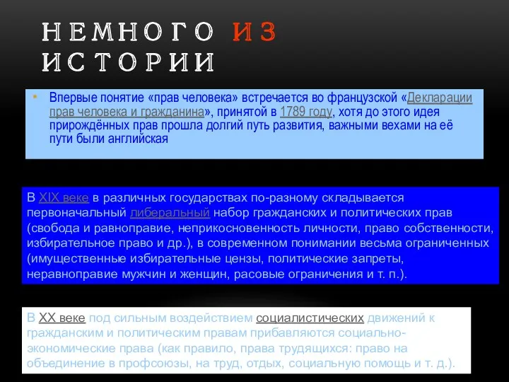 НЕМНОГО ИЗ ИСТОРИИ Впервые понятие «прав человека» встречается во французской