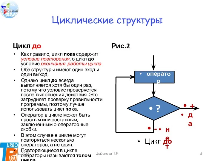 Циклические структуры Цикл до Как правило, цикл пока содержит условие