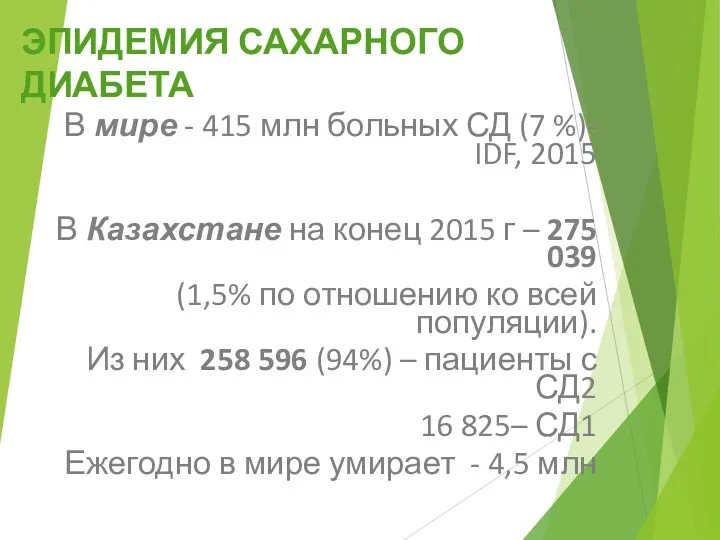 В мире - 415 млн больных СД (7 %)- IDF, 2015 В Казахстане