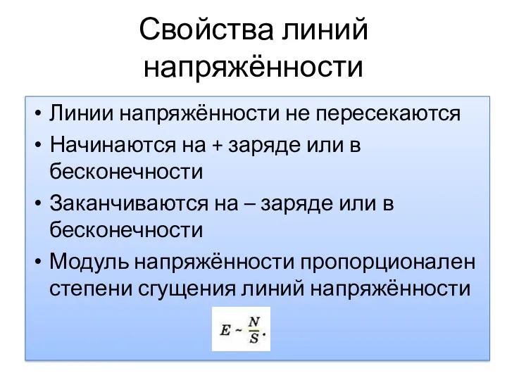 Свойства линий напряжённости Линии напряжённости не пересекаются Начинаются на +