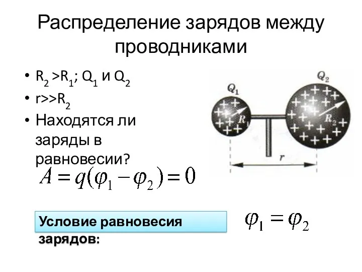 Распределение зарядов между проводниками R2 >R1; Q1 и Q2 r>>R2