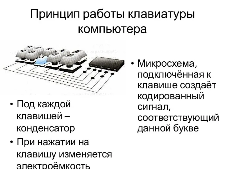 Принцип работы клавиатуры компьютера Микросхема, подключённая к клавише создаёт кодированный