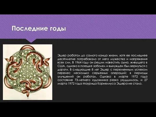 Последние годы Эшер работал до самого конца жизни, хотя ее