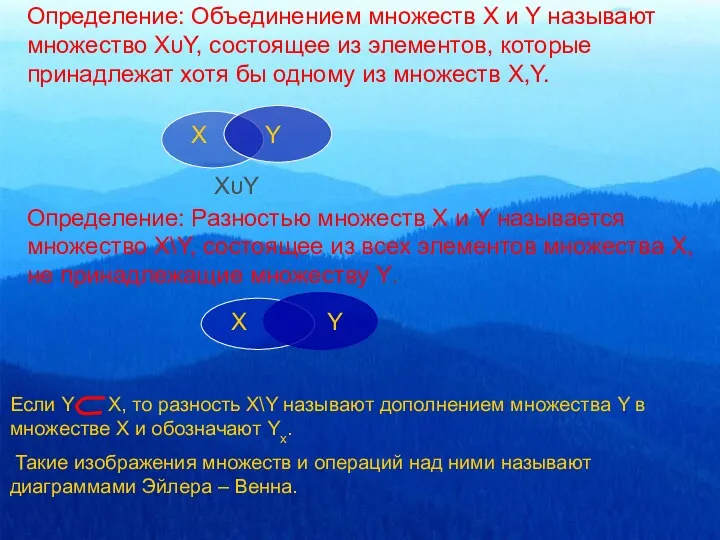 Если Y X, то разность X\Y называют дополнением множества Y