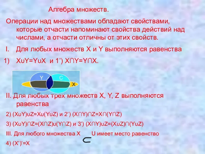 Алгебра множеств. Операции над множествами обладают свойствами, которые отчасти напоминают