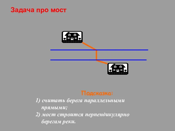 Задача про мост Подсказка: 1) считать берега параллельными прямыми; 2) мост строится перпендикулярно берегам реки.