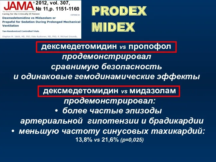 PRODEX MIDEX 2012, vol. 307, № 11,р. 1151-1160 дексмедетомидин vs пропофол продемонстрировал сравнимую