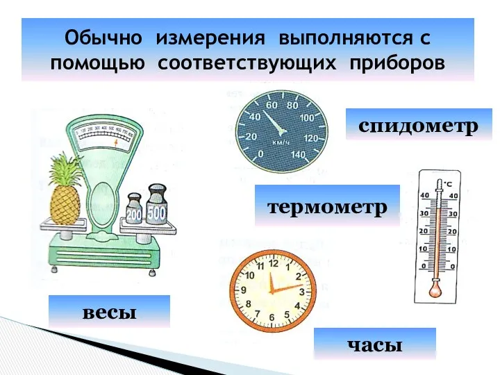 Обычно измерения выполняются с помощью соответствующих приборов весы спидометр термометр часы