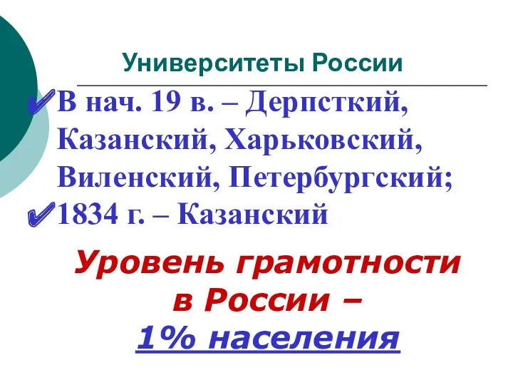 Университеты России В нач. 19 в. – Дерпсткий, Казанский, Харьковский,