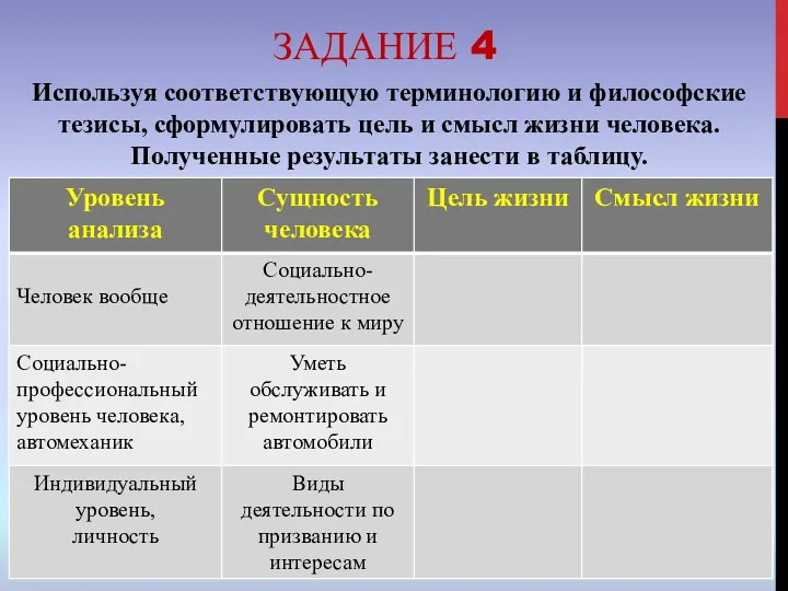 ЗАДАНИЕ 4 Используя соответствующую терминологию и философские тезисы, сформулировать цель