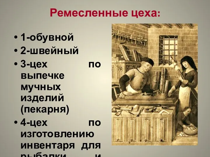 Ремесленные цеха: 1-обувной 2-швейный 3-цех по выпечке мучных изделий (пекарня)