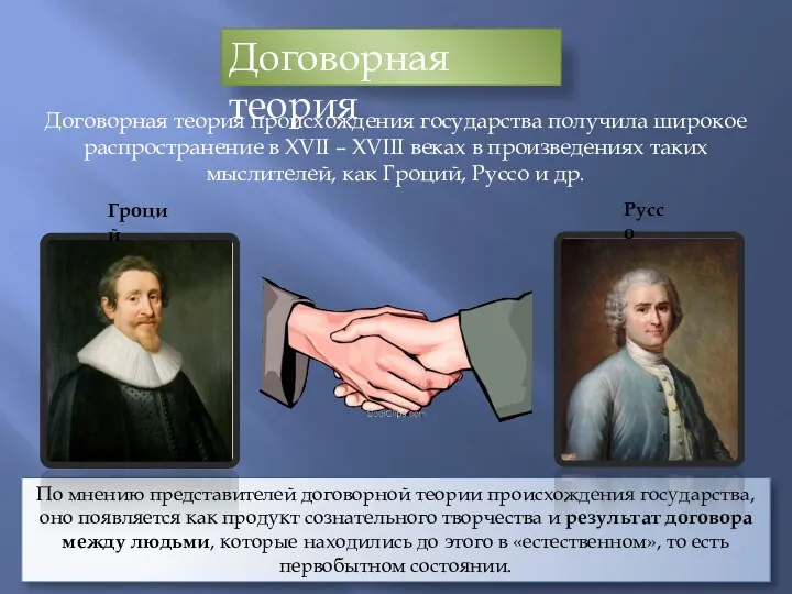 Договорная теория Договорная теория происхождения государства получила широкое распространение в XVII – XVIII