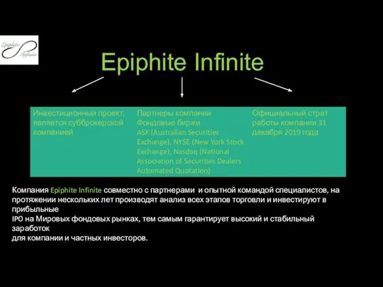 Epiphite Infinite Компания Epiphite Infinite совместно с партнерами и опытной