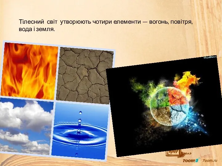 Тілесний світ утворюють чотири елементи — вогонь, повітря, вода і земля.