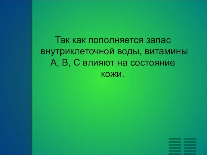 Так как пополняется запас внутриклеточной воды, витамины A, В, С влияют на состояние кожи.