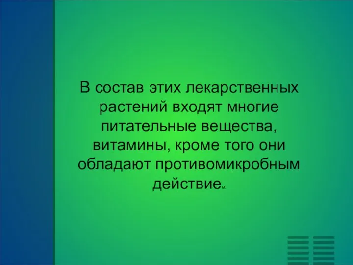 В состав этих лекарственных растений входят многие питательные вещества, витамины, кроме того они обладают противомикробным действием.