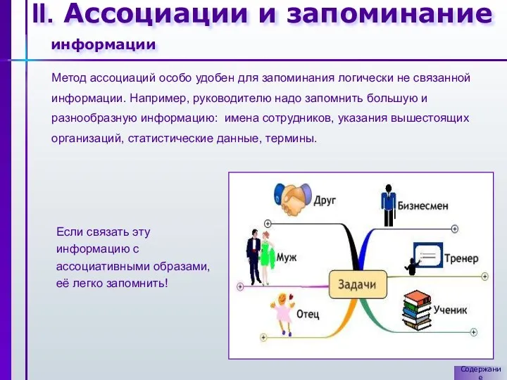 II. Ассоциации и запоминание информации Метод ассоциаций особо удобен для