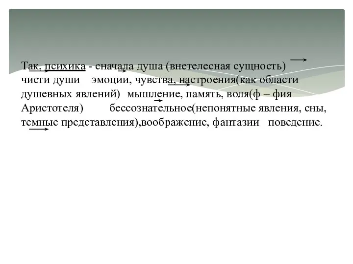 Так, психика - сначала душа (внетелесная сущность) чисти души эмоции,