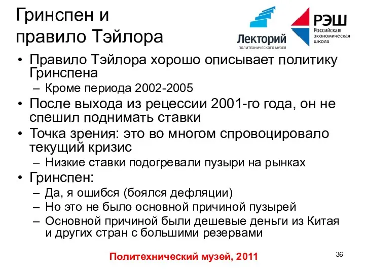 Политехнический музей, 2011 Гринспен и правило Тэйлора Правило Тэйлора хорошо