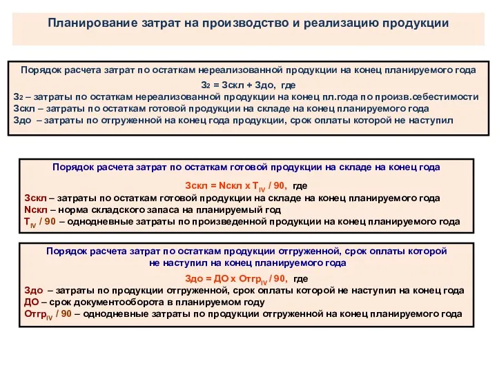 Порядок расчета затрат по остаткам нереализованной продукции на конец планируемого