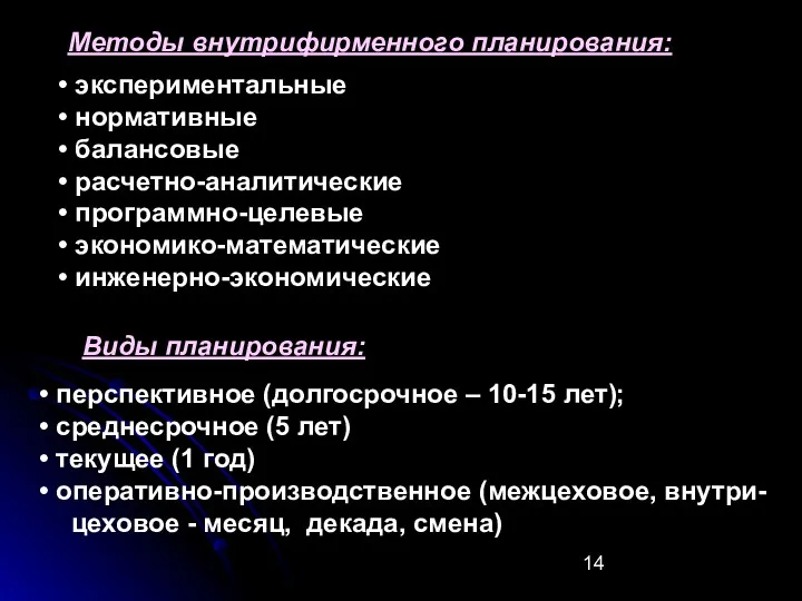 Методы внутрифирменного планирования: экспериментальные нормативные балансовые расчетно-аналитические программно-целевые экономико-математические инженерно-экономические