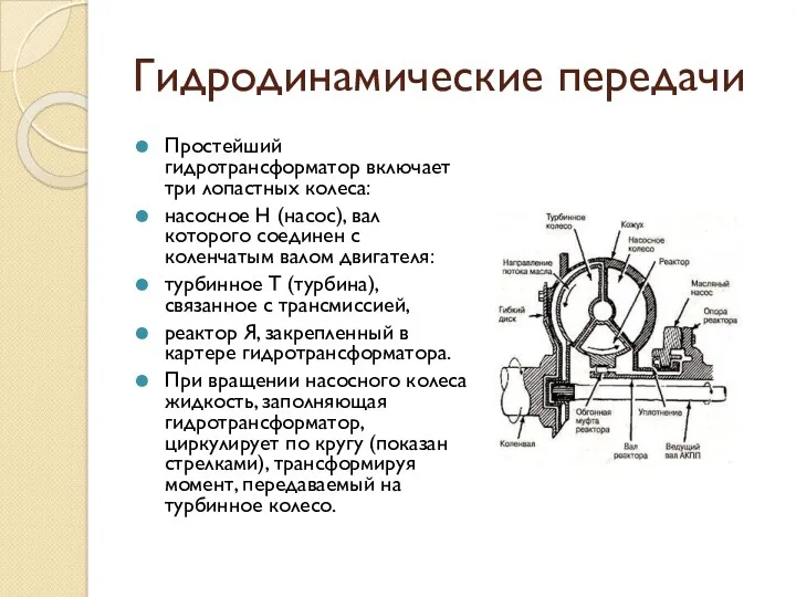 Гидродинамические передачи Простейший гидротрансформатор включает три лопастных колеса: насосное Н
