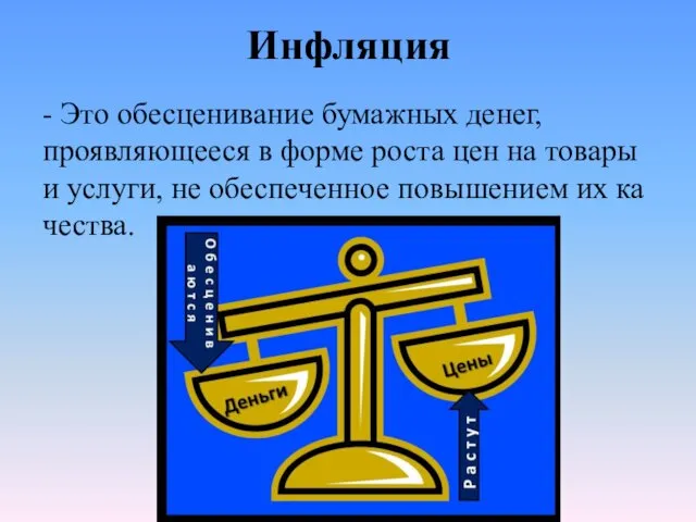 Инфляция - Это обесценива­ние бумажных денег, проявляющееся в форме роста