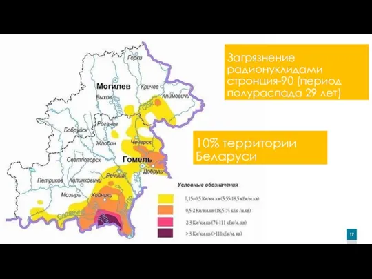 Загрязнение радионуклидами стронция-90 (период полураспада 29 лет) 10% территории Беларуси