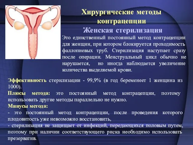 Хирургические методы контрацепции Женская стерилизация Эффективность стерилизации - 99,9% (в год беременеет 1