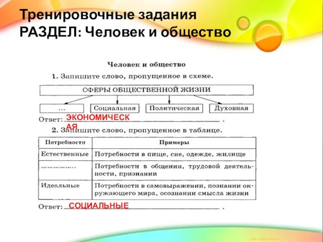 Тренировочные задания РАЗДЕЛ: Человек и общество ЭКОНОМИЧЕСКАЯ СОЦИАЛЬНЫЕ