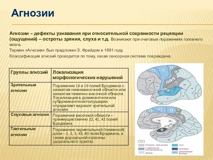 Агнозии – дефекты узнавания при относительной сохранности рецепции (ощущений) –