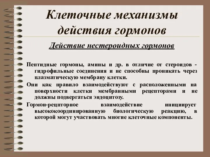 Клеточные механизмы действия гормонов Действие нестероидных гормонов Пептидные гормоны, амины