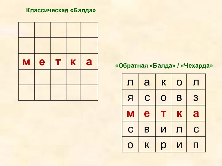 Классическая «Балда» «Обратная «Балда» / «Чехарда»