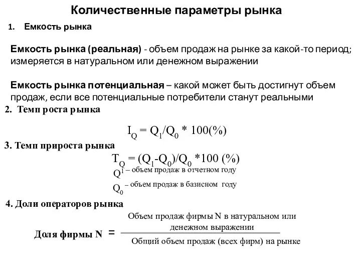 Емкость рынка Емкость рынка (реальная) - объем продаж на рынке