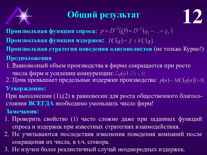 Общий результат 12 Произвольная функция спроса: Произвольная стратегия поведения олигополистов