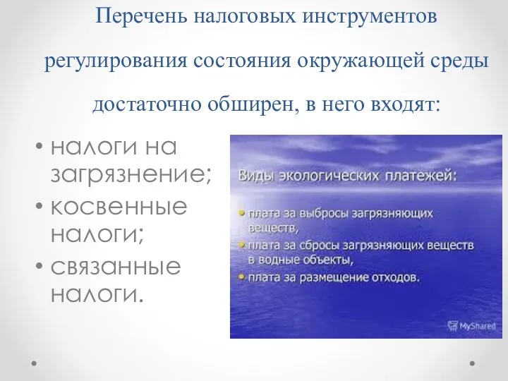 Перечень налоговых инструментов регулирования состояния окружающей среды достаточно обширен, в