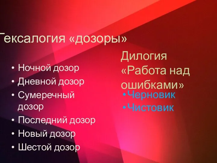 Гексалогия «дозоры» Ночной дозор Дневной дозор Сумеречный дозор Последний дозор