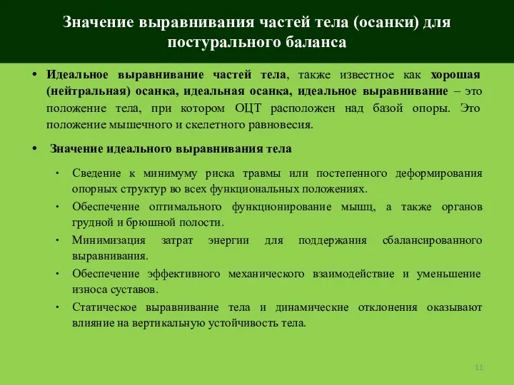 Значение выравнивания частей тела (осанки) для постурального баланса Идеальное выравнивание