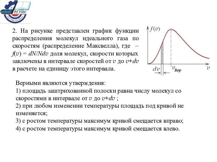 2. На рисунке представлен график функции распределения молекул идеального газа по скоростям (распределение