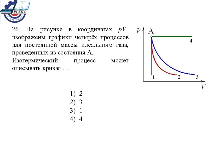 26. На рисунке в координатах pV изображены графики четырёх процессов для постоянной массы