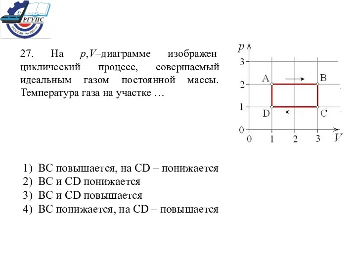 27. На р,V–диаграмме изображен циклический процесс, совершаемый идеальным газом постоянной
